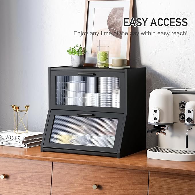 GHWIE Double Layer Bamboo Bread Box for Kitchen Counter,Large Capacity Storage Bin with Acrylic Wavy Door Panel (Black, Extra Large)