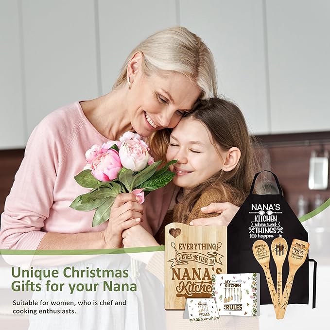 Mothers Day Nana Gifts, Gifts for Nana from Grandkids Wooden Cutting Board with Cooking Utensils Set with Apron, Kitchen Present for Women Who is Cooking Lover