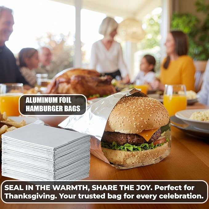 250 Pack Aluminum Foil Hamburger Bags – Grease-Resistant Burger Wrappers for Hot Sandwiches, Paninis, BBQ, Pretzels & More – BPA-Free, Disposable Takeout Food Sleeves by C&S Event Supply Co.