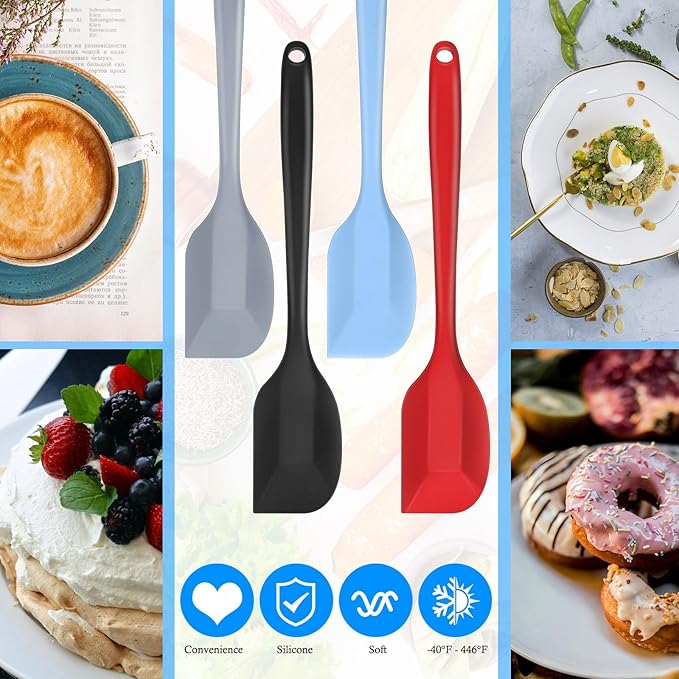 Shappy 4 Pieces Silicone Cooking Spoons 10.6 Inch Heat Resistant Kitchen Spoons for Mixing, Serving and Stirring Upgrade Large Non Stick Basting Utensils, Dishwasher Safe(Scrapers,Classic Color)