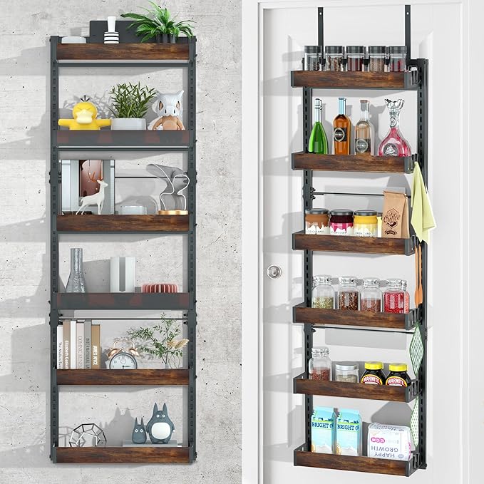 Jolitac Over The Door Pantry Organizer, 6-Tier Adjustable Solid Wood Rack Over-Door & Wall Storage Organizer with 8 Boards (2 Extra) Multi-Space Kitchen,Bathroom Reinforced Frame for Durable Use