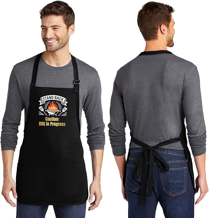 Personalized Medium Length Cooking & Grill Apron – Stand Back Design with Custom Text (1-2 Lines)
