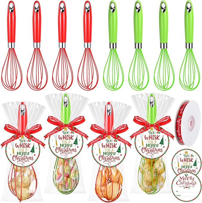 12 Christmas Whisk Gifts Include 10 Inch Christmas Stainless Steel Silicone Whisk Greeting Cards Ribbons Plastic Bags for Xmas Neighbor Family Friends Baking Enthusiast Cooking Supplies