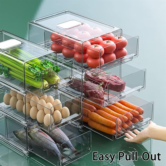 YekouMax Fridge Drawer Organizer - 2 Pcs Pull-Out Cabinet Storage Containers For Fridge, Freezer, Pantry Organizer for Kitchen Storage & Organization Sets, 11.81" Long