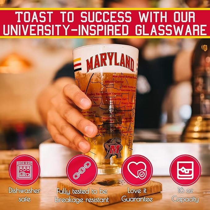 Greenline Goods – University of Maryland Terrapins College Pint Beer Glasses (Set of 2), 16 oz – Full-Color Logo + Campus Map