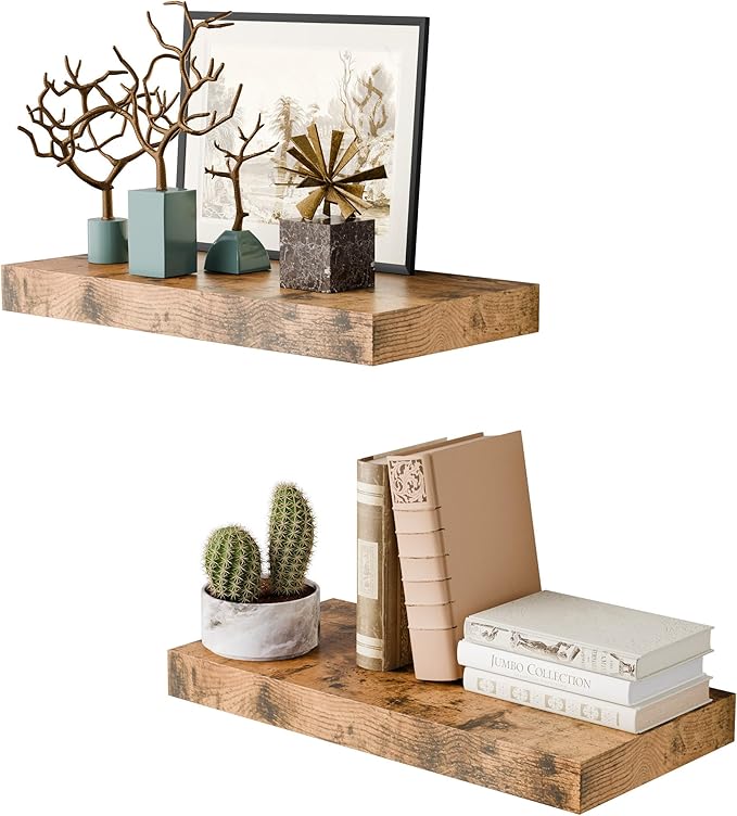 Rustic Brown 16 Inch Floating Shelves for Wall, 8 Inch Deep Floating Shelves Set of 2, Wall Shelves for Bathroom Over Toilet, Live Edge Shelf with Invisible Brackets for Bedroom, Home Decor