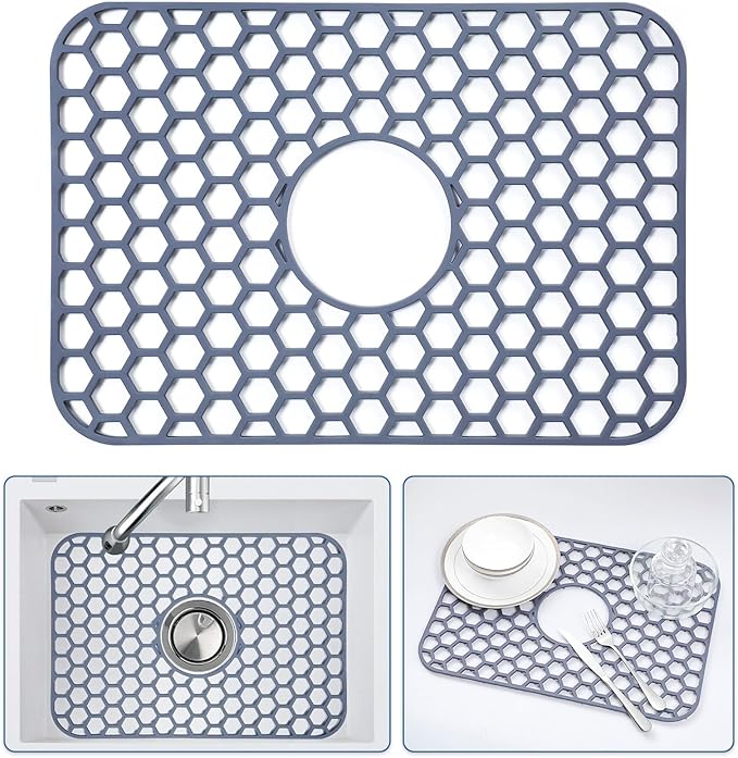 Silicone Sink Protectors for Kitchen Sink with Center Drain - 18.2"x12.5" Kitchen Sink Mats Accessory, Non-Slip Heat Resistant Sink Mat for Bottom of Farmhouse Porcelain Stainless Steel Sink