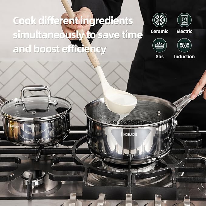 DELUXE Hybrid Ceramic Nonstick 1.3-Quart Saucepan with Tempered Glass Lid, Stainless Steel Pot with Stay-Cool Handle, Dishwasher Oven Safe, Induction Ready, Compatible with All Cooktops