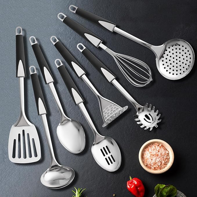 Stainless Steel Kitchen Utensil Set-8 PCS Stainless Steel Kitchen Utensil Set, Nonstick Kitchen Gadgets Cookware Set with Black PP Handle