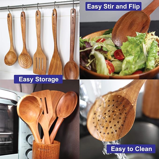 StarBlue Acacia Wooden Utensils Set 6 Pcs - Non-Scratching Durable Natural Wood Cooking Spatulas & Spoons for Nonstick Cookware with Holder