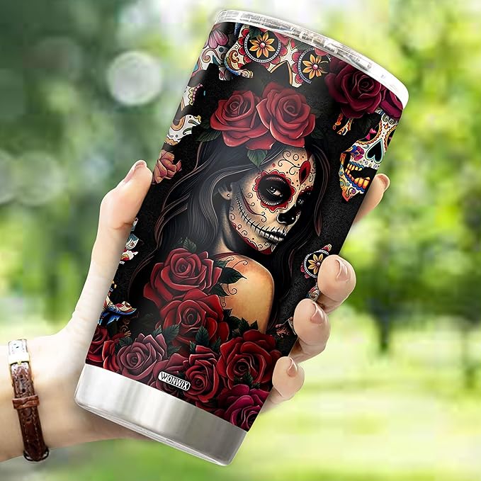 Sugar Skull Gifts for Women Insulated 20oz Stainless Steel Coffee Cup Travel Mug Water Bottle Tumbler With Lid Tattoo Girls Wife Daughter Mom