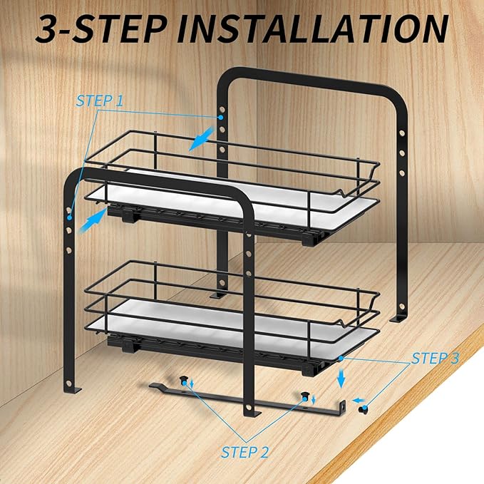 Spice Rack Organizer for Cabinet, 2 Tier Pull Out Spice Organizer for Cabinet Height Adjustable Heavy Duty Metal Basket for Inside Cabinets & Pantry Closet