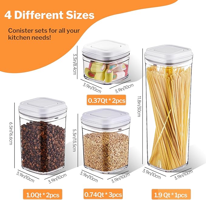 Pop Top Food Storage Container Set | 8Pcs Airtight Cereal Storage Organizer Canisters with Pop Lids, BPA-Free, Vacuum Seal & One-button Opening, Stackable Pantry Containers for Dry Food Storage