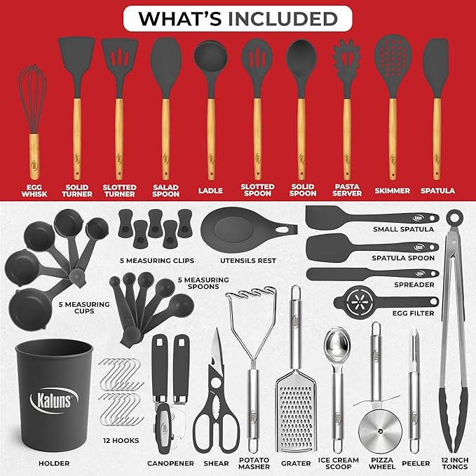 Kaluns 50 PCS Silicone Kitchen Utensils Set Complete Kitchen Set - 800°F Heat Resistant Non-Stick Premium Cooking Utensils W Wooden Handles - Can Opener, Masher, Turner, Silicone Spatula Set