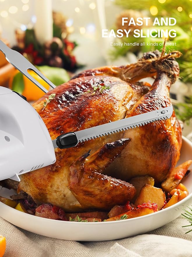 Reemix Electric Knife With Handle, 150W Powerful Electric Knife Set for Carving Meats, Poultry, Bread, Serving Fork and 2 Carving Blades Included (White with Handle)