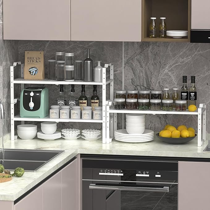 Expandable Shelf for Cabinet Organizer Adjustable Stackable Spice Rack at Kitchen and Bathroom More, Counter Countertop Cupboard Organization Pantry Storage, (2 Packs/White, Large)
