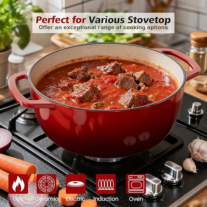 Umite Chef 6QT Enameled Cast Iron Dutch Oven with Lid, Versatile Heavy-Duty Cookware Pot for Baking Bread, Braising, Soups & Stews, Oven & Stovetop Safe with Heat Resistant Gloves（Red）