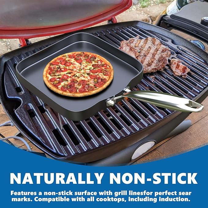 SafBbcue Square 11” Grill Pan Non-Stick Ceramic Coated, Durable Skillet Indoor & Outdoor Grilling, Oven Gas & Induction Safe, for Weber Charbroil Camp Chef Grill, Black