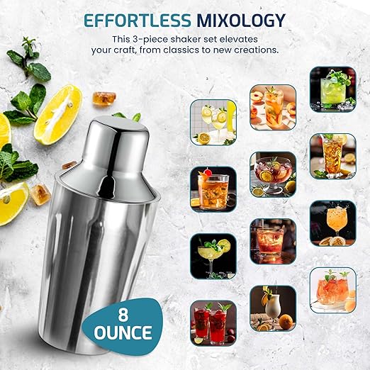 OCS Parts 3-Piece Stainless Steel Cocktail Shaker | 8-Ounce | Makes Perfect Mixed Drinks, Cocktails, and Coffees