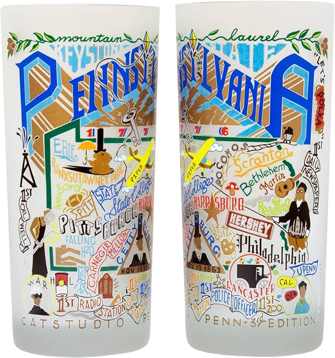 Catstudio Drinking Glass, Pennsylvania Frosted Glass Cup for Kitchen, Drinking Glasses, 15oz Dishwasher Safe Tumbler for Pennsylvania Lovers