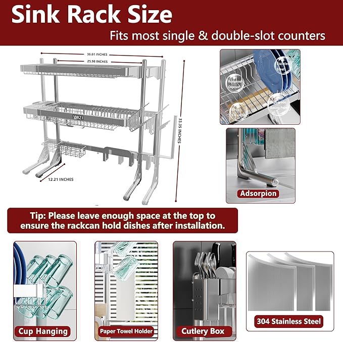 VNKZI Over Sink Dish Drying Rack, 3 Tier Full Stainless Steel Storage Adjustable Length (25.98'' to 36.61'') Kitchen Rack, Multifunctional Expandable Counter Organizer, Space Saver Dish Rack