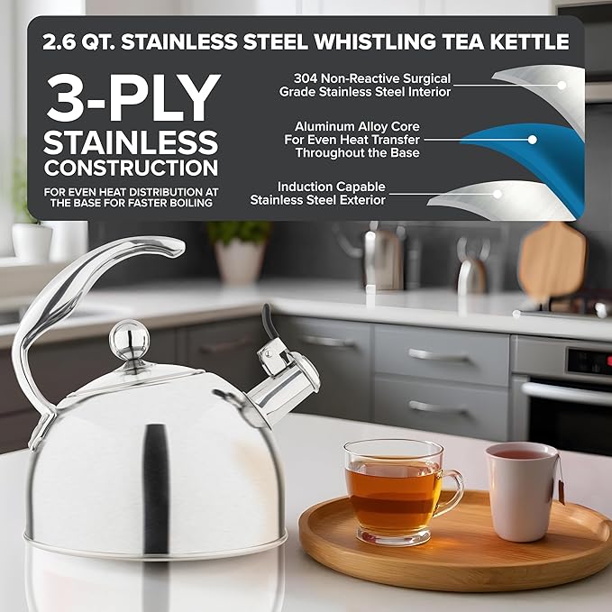 Viking 3-Ply Stainless Steel Tea Kettle, 2.6 Quart Stovetop Hot Water Pot with Tempered Glass Lid, Ergonomic Handle, Induction Ready, Satin Silver