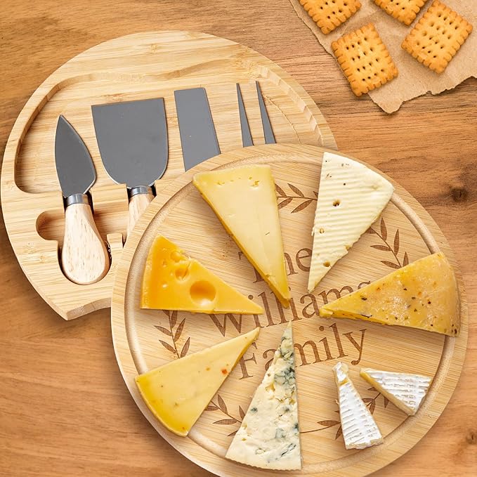 Custom engraved luxury charcuterie board & knife set/4pcs, personalized cheese chopping serving tray for fruit, food, dessert for table decoration, personalized gift for host (Your text inside leaves)