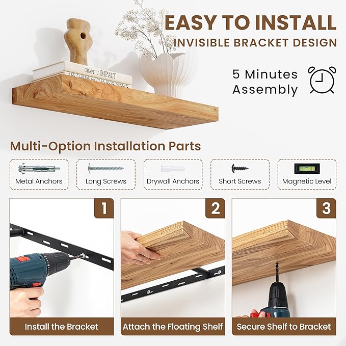 Floating Shelves, 8" Deep Rustic Solid Elm Wood Wall Mounted Floating Shelves, Wall Shelves with Invisible Bracket for Living Room Bathroom Bedroom Kitchen, 24 Inch Set of 2, Natural