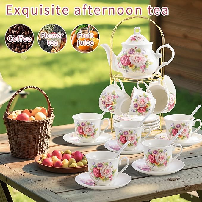 20-Pieces Porcelain Bone china Tea Sets,Gold Rim Coffee Set with Golden Metal Rack,Tea Gift Sets for Home&Party (008)