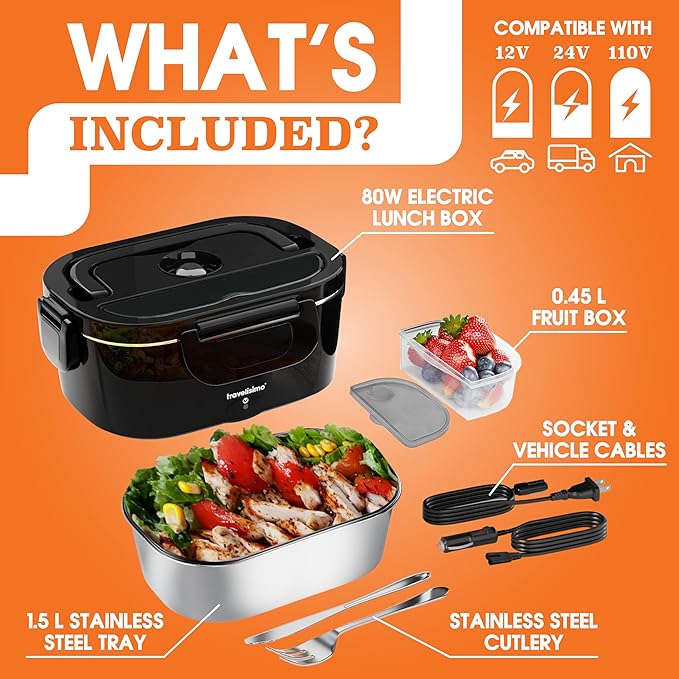 TRAVELISIMO Electric Lunch Box for Adults 80W Heated Lunch Box For Men 1.5L Stainless Steel Portable Food Warmer, 12/24/110V Electric Food Warmers for Travel & Work, Loncheras Para Hombres de Trabajo