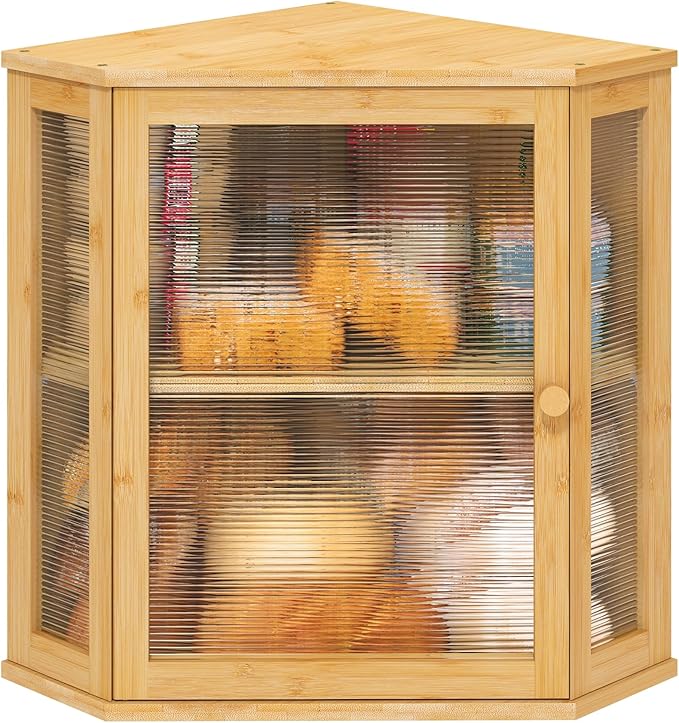 Corner Bread Box for Kitchen Counter, Bamboo Wood Large Capacity Bread Storage Bin with Acrylic Wavy Door Panel (Natural, Extra Large)