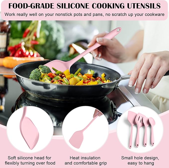 HaWare Kitchen Utensils, 14 PCS Silicone Cooking Utensils Set, Heat Resistant Kitchen Utensils for Non-stick Cookware, Kitchen Gadgets Tools with Spoons, Spatulas, Whisk, Dishwasher Safe (Pink)