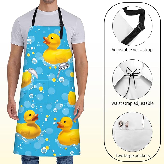 Cute Rubber Duck Apron for Women with Bubble,28x33in,Fun Bath Kitchen Aprons with 2 Pockets,Oxford Fabric,Playful Adjustable Apron for Cooking Baking Gardening Chef,Gifts for Mom Wife