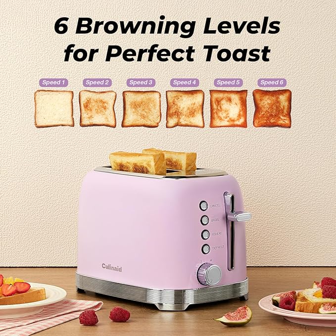 Toaster 2 Slice Retro Stainless Steel with 1.5” Extra Wide Slots Bagel, Defrost, Reheat, Cancel Functions, 6 Bread Shade Settings, Removable Crumb Tray, Pastel Pink