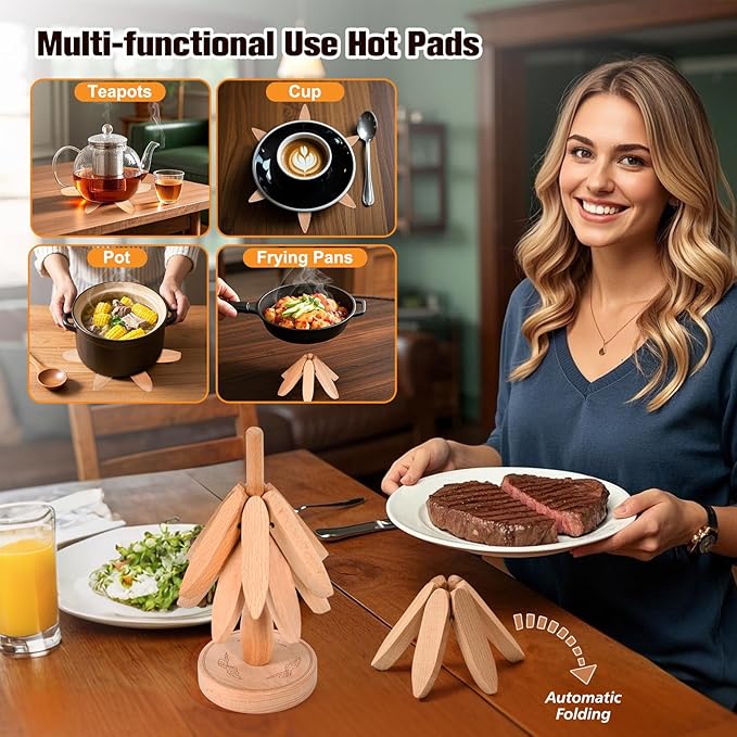 Trivets for Hot Dishes，Tree Shape Trivet Set,5 Wooden Trivets + 1 Stand， Heat-Resistant Foldable Wooden Tree Trivet Set for Pot、Bowl、Teapot、Hot Pot Holder