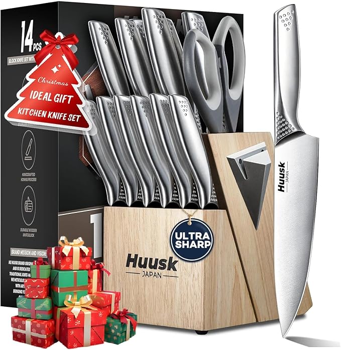 Huusk Knife Set with Block and Sharpener, 14 Pcs Japanese Stainless Steel Kitchen Knife Sets Dishwasher Safe, Sharp Silver Professional Knives Set with Box for Kitchen, Christmas Gifts for Men Women