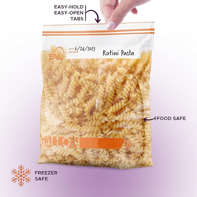 Gallon Food Bags by SNL -100 Pack- Leak-Proof, Clear, Write-On Block, Reclosable, Disposable Storage Bags, Double Seal Zippers with Clicking Noise Zip Confirmation, Stand-Alone Gusset, Easy Dispensing