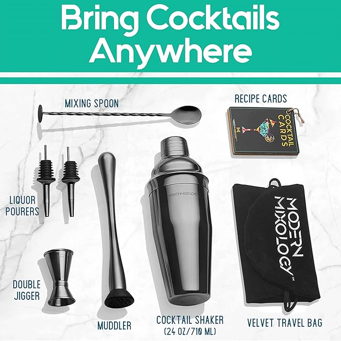 Modern Mixology 8-Piece Cocktail Shaker Set, 24oz Stainless Steel Bartender Kit with Velvet Giftable Bag, Curated Travel Cocktail Kit for Hosting Essentials (Black)