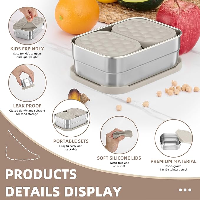 HaWare Stainless Steel Lunch Box Containers for Kids, Leak Proof Food Storage Containers with Khaki Silicone Lids, Easy Open Bento Box for School and Daycare, Portable Metal Snack Box (8oz*2+25oz)