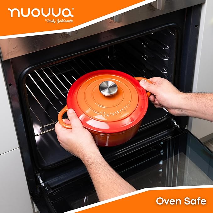 Cast Iron Pot with Lid – Non-Stick Ovenproof Enamelled Casserole Pot, Oven Safe up to 500° F – Sturdy Dutch Oven Cookware – Orange, 5-Quart, 24cm – by Nuovva