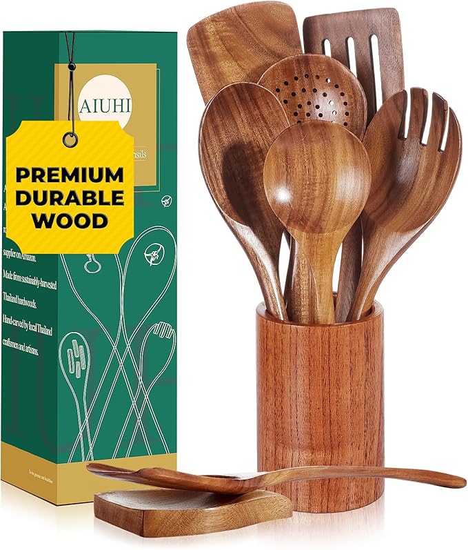 AIUHI Natural Solid Teak Wooden Cooking Utensils for Nonstick Cookware, Wooden Kitchen Utensils Set Includes Spoons, Spatulas, Strainer Spoon, Salad Fork with Holder and Spoon Rest (9PCS)