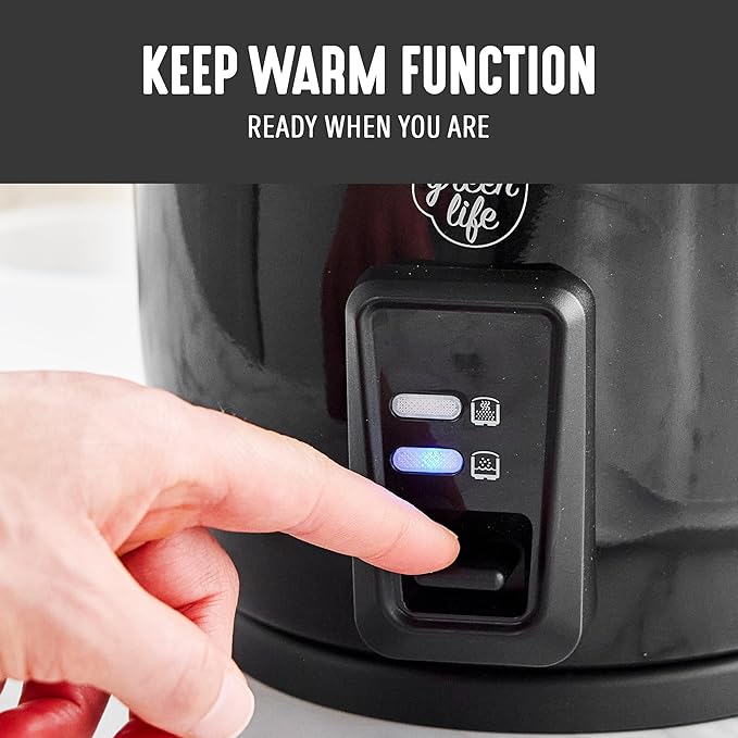 GreenLife Rice Cooker with Removable PFAS-Free Nonstick Pot, 3-Cups Uncooked/6-Cups Cooked, One-Switch Design, Auto Keep Warm Function, Soup, Grains, Oatmeal, Wood Handle, Black