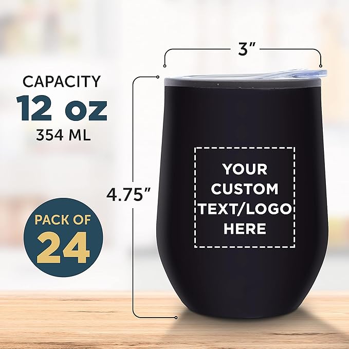 Custom Stemless Wine Tumblers 12 oz. Set of 24, Personalized Bulk Pack - Insulated, Perfect for Wine, Cocktails, Other Hot & Cold Beverages - Black