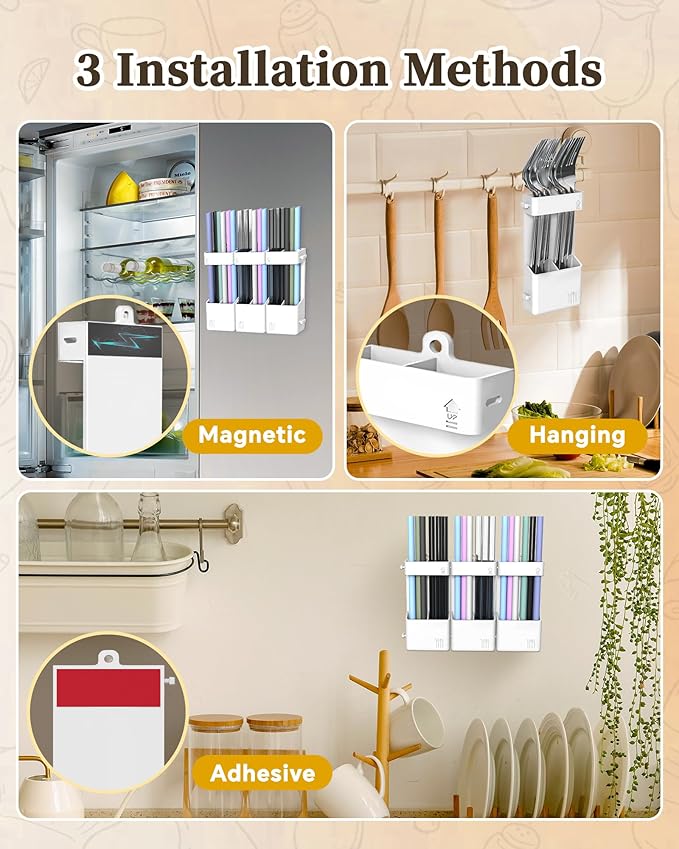 Magnetic Straw Holder for Cabinet Door, Silicone Straw Organizer,Straws Storage Container with Double Sided Adhesive,Reusable Straw Dispenser for Kitchen Fridge Cupboard (White)