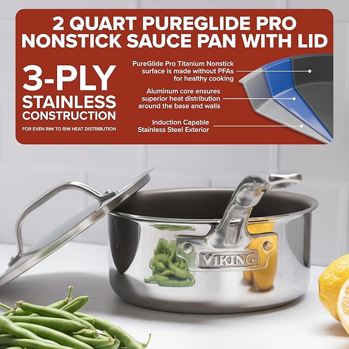 Viking PureGlide Pro 3-Ply Nonstick Sauce Pan, Made without PFAS, 2-Quart Induction Cooking Pot with Lid, Metal Utensil Safe Titanium Nonstick Surface, Oven Safe to 600F
