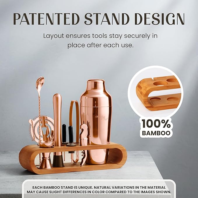Mixology & Craft Cocktail Shaker Set: 10-Piece Bartender Kit with Stand | Complete at Home Bar Set with Bar Accessories | Great Housewarming Gift | Leak-Proof Design (Copper)