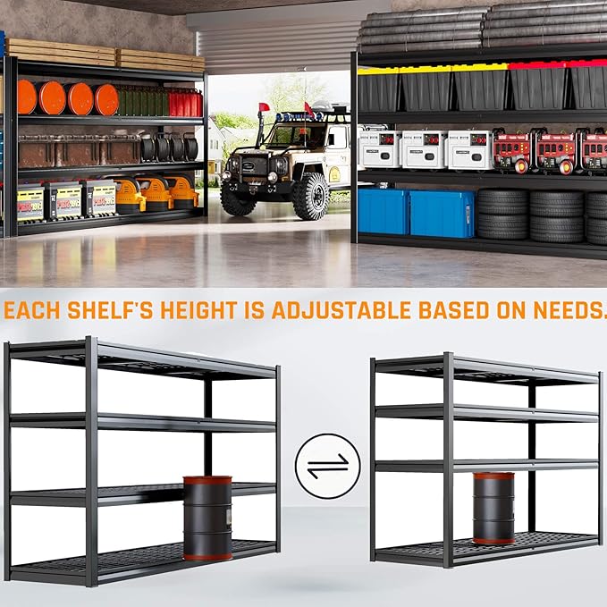 77" W Storage Shelves Heavy Duty Garage Shelving, Metal Kitchen Shelving Unit, 4 Tier Adjustable Shelves, 3800LBS Steel Industrial Shelving for Basement, Commercial, 77" W*24" D*72”H, Black