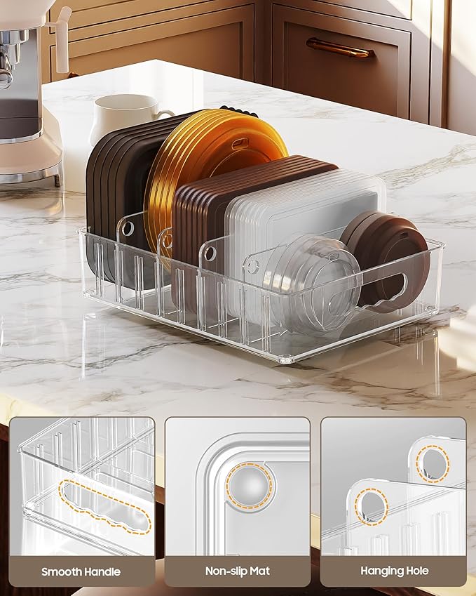 LYNG Lid Organizers Inside Cabinet, Clear Plastic Storage Lid Organizer With 4 Adjustable Dividers, Food Container Lid Organizer For Kitchen Pantry Green