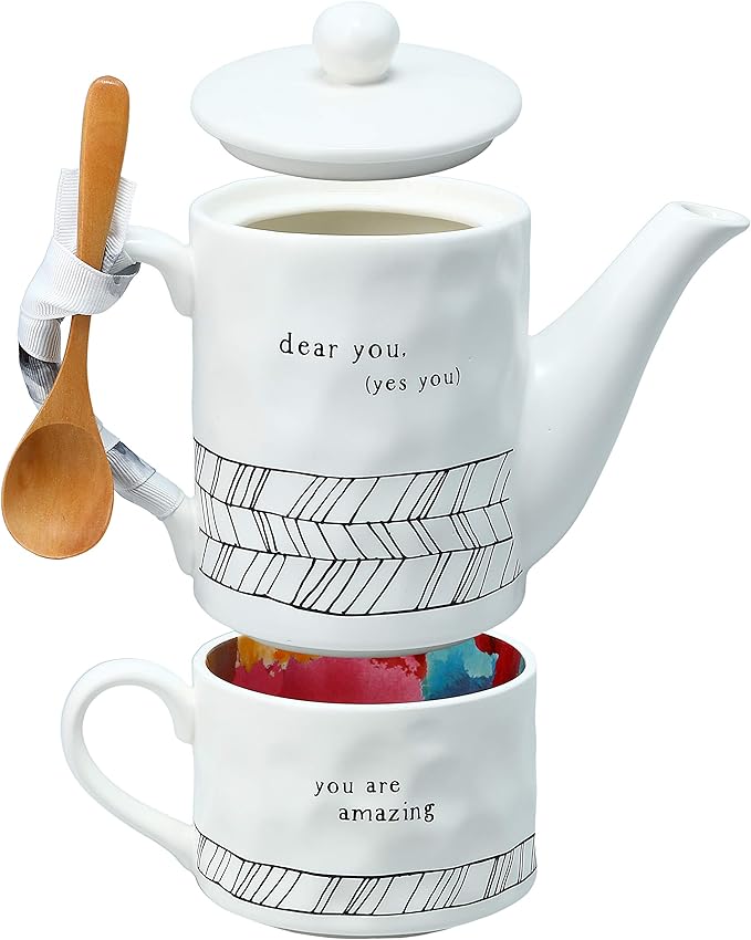 Pavilion Gift Company Dear You 15 oz Ceramic Tea for One, 3 Piece Set, White