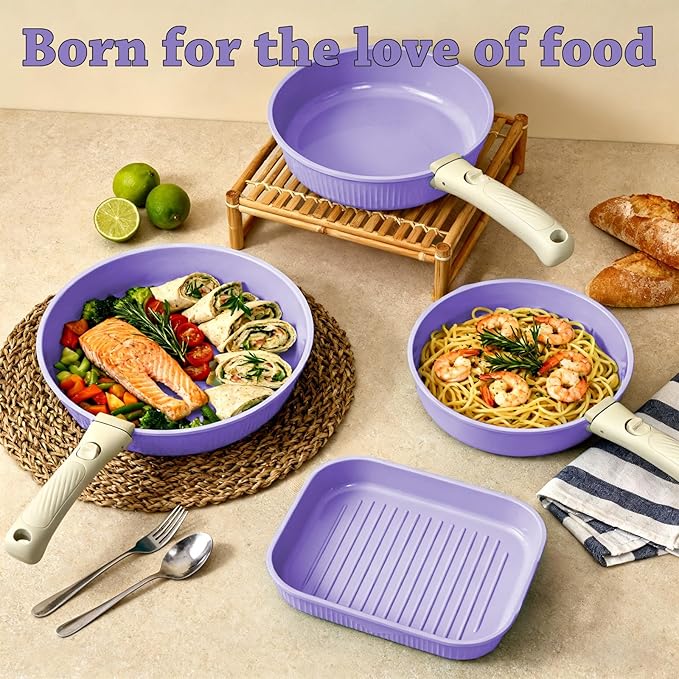 24 Pcs pots and pans set,pots and pans set non stick,Oven-safe and dishwasher-safe,PFAS/PFOA Free,Induction Dishwasher Oven Safe cookware set (Purple)